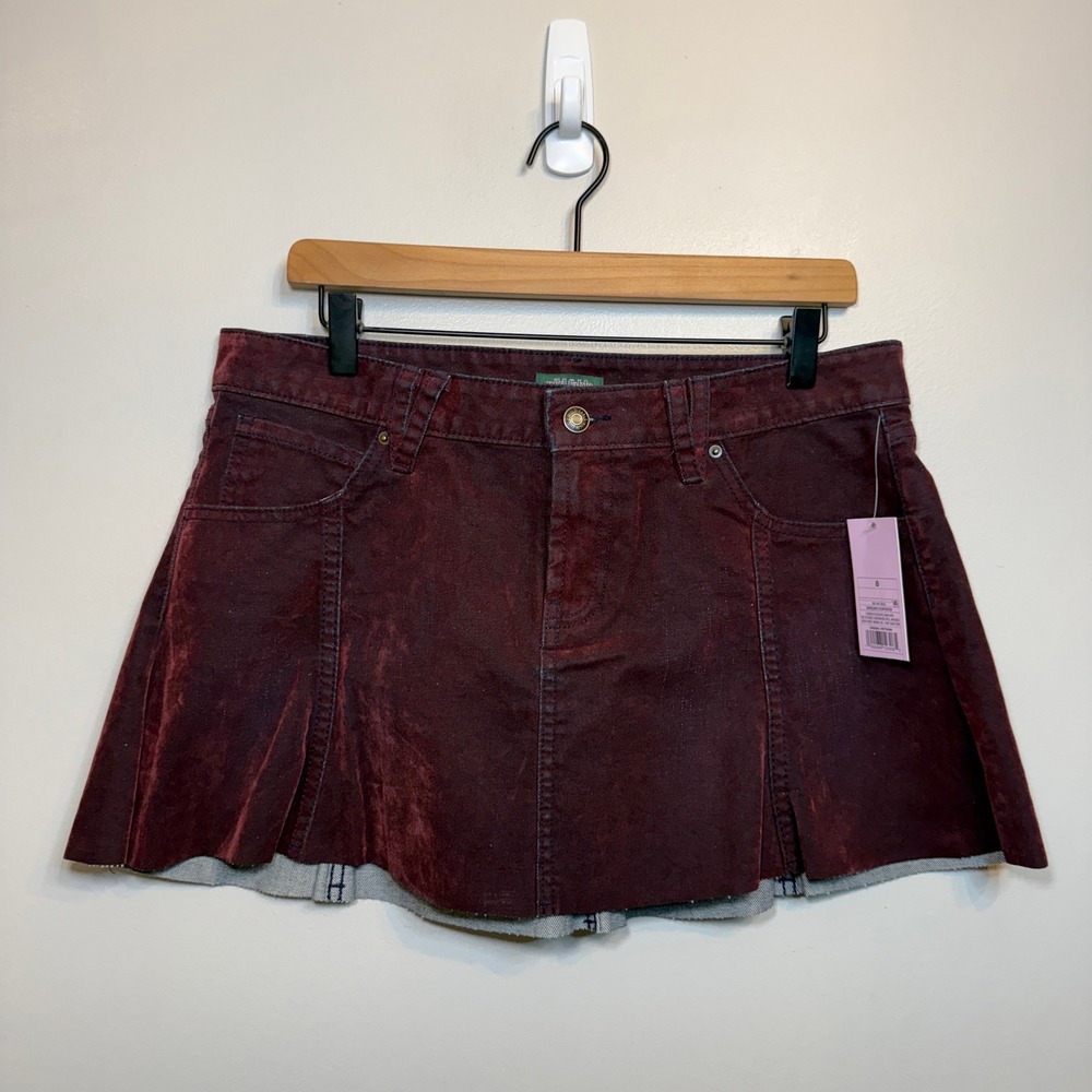 Wild Fable Burgundy Flare Denim Pleated Mini Skirt Raw Hem Size 8 NEW